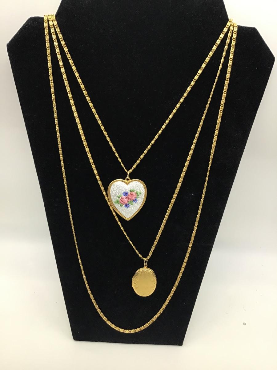 Vintage Goldette Gold toned three strand locket handpainted pendant EstateSales