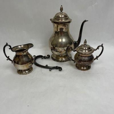 National Silver on Copper Coffee Pot with cream & sugar - pot has broken handle