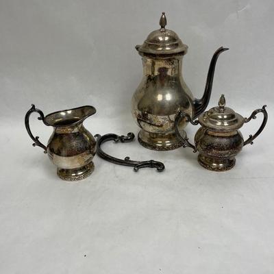 National Silver on Copper Coffee Pot with cream & sugar - pot has broken handle