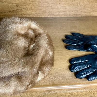 2 real fur hats (small) with leather gloves