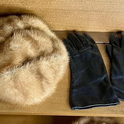 2 real fur hats (small) with leather gloves