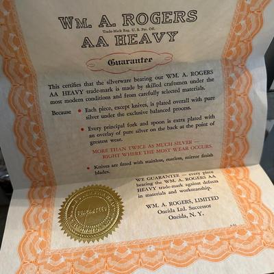 WM. A. Rogers AA Heavy Silverware Set PLUS Certificate of guarantee
