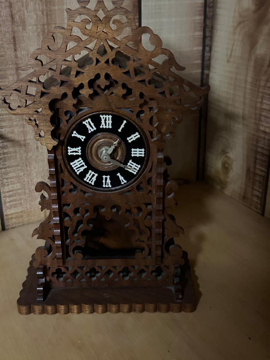 HANDMADE WOODEN DARK WOOD SCROLL SAW WALL CLOCK