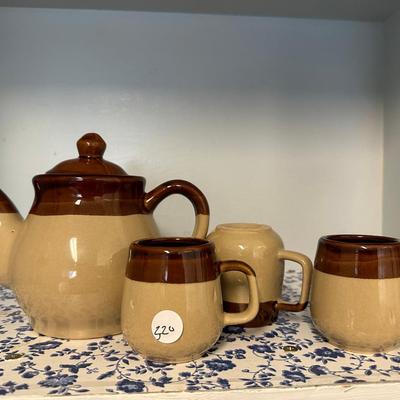Vintage Pottery Stoneware Three Tone Brown Tea Pot & 3 Cups