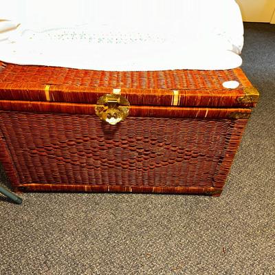 Boho Rattan and Wicker Vintage Trunk / Chest With Brass Accents