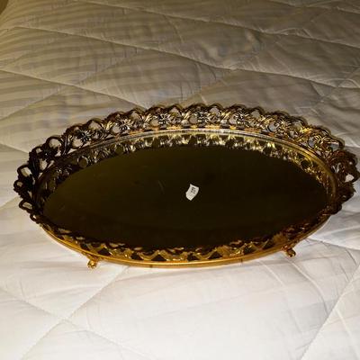 Vintage Oval Mirror Gilt Ornate Brass Vanity Dresser Mirror Tray