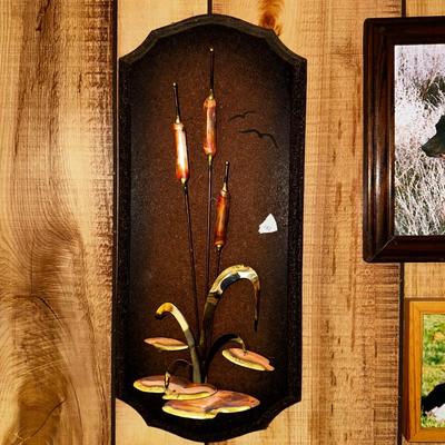 Vintage Brutalist Copper Brass Cattail Sculpture Wall Art Wood 60s 70s Décor, Rustic, Lake House Decor, Log Cabin, Rustic Decor