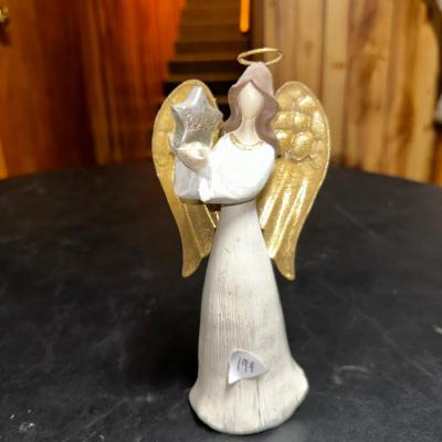 Wish Angel lighted Star Figurine ornament, Resin wood look, Ivory & Gold tone
