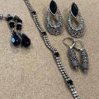 Black & silver tone bracelet & 3 pairs earrings