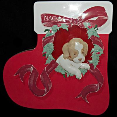 Retired Lladro NAO 7427 Puppys Christmas Dog Hiding Bone in Christmas Stocking Tin as Pictured.