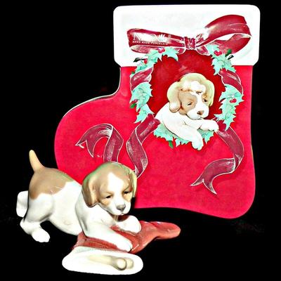 Retired Lladro NAO 7427 Puppys Christmas Dog Hiding Bone in Christmas Stocking Tin as Pictured.