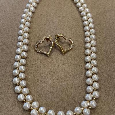Vintage Avon faux pearls and heart earrings