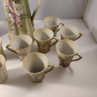 Antique Nippon Hand Painted Chocolate Pot with Eleven Cups