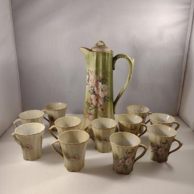 Antique Nippon Hand Painted Chocolate Pot with Eleven Cups