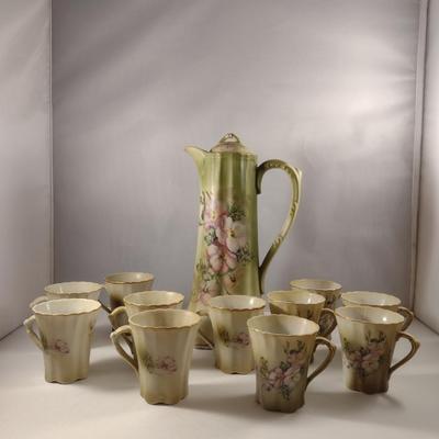 Antique Nippon Hand Painted Chocolate Pot with Eleven Cups