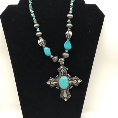Women’s blue silver cross pendant beads necklace Rhinestones