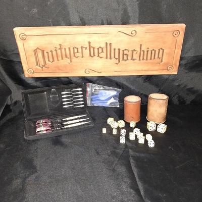 VINTAGE DICE WITH LEATHER SHAKERS-BUDWEISER FLIGHT DARTS AND WOODEN SIGN -DAR