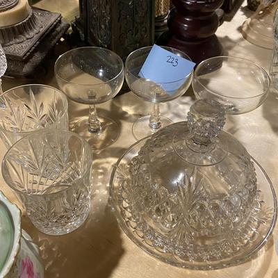 Cut Glass Rocks Glasses, Coupe Glasses, and Butter Dish
