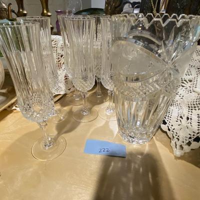7 Crystal Champagne Glasses and Cut Glass Vase