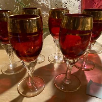Set of Vintage Red and Gold Trim Cordial Glasses, Decanter, and Bell