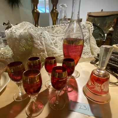 Set of Vintage Red and Gold Trim Cordial Glasses, Decanter, and Bell