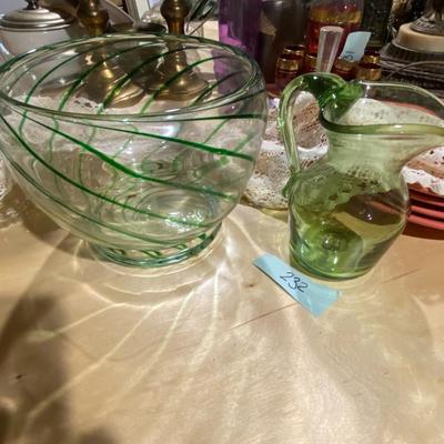 Decorative Green Glassware Bowl & Pitcher