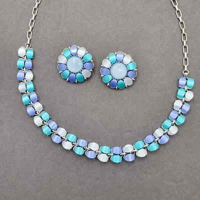 Mid-Century Blue Hues Thermoset Necklace & Clip Earrings Set