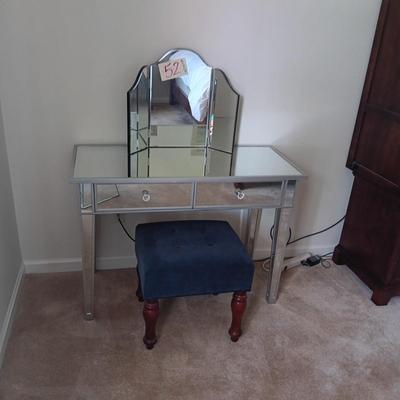 MIRRORED FINISH VANITY WITH BIFOLD REMOVABLE MIRROR AND STOOL