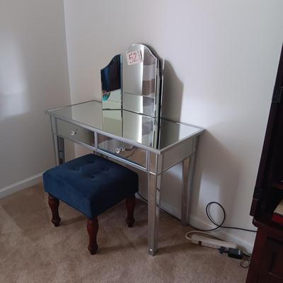 MIRRORED FINISH VANITY WITH BIFOLD REMOVABLE MIRROR AND STOOL