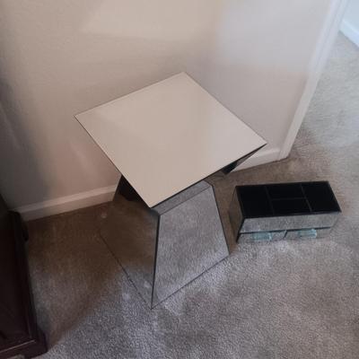 MIRRORED FINISH SIDE TABLE AND MIRRORED DRAWER SECTIONED ORGANIZER
