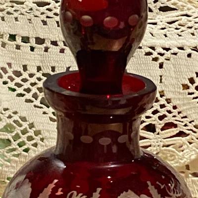 Set of Vintage Cut to Clear Engraved Crystal Decanter and Glasses