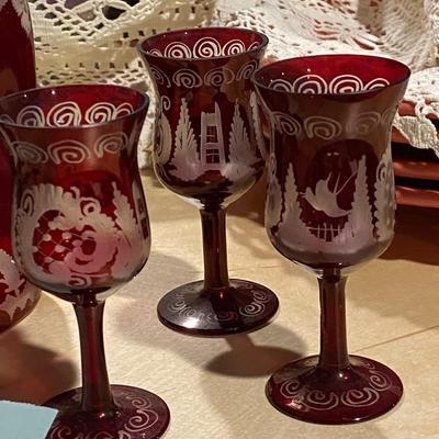 Set of Vintage Cut to Clear Engraved Crystal Decanter and Glasses