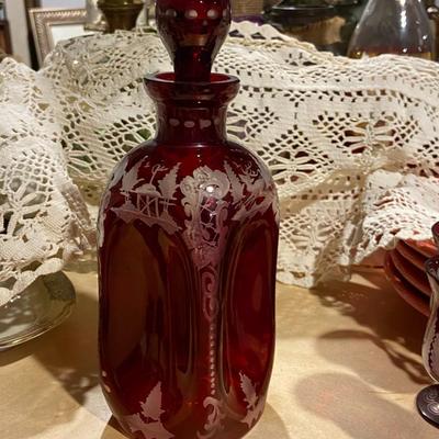 Set of Vintage Cut to Clear Engraved Crystal Decanter and Glasses
