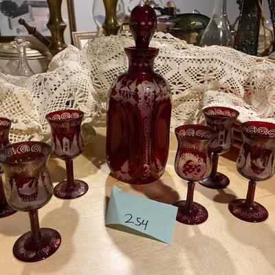 Set of Vintage Cut to Clear Engraved Crystal Decanter and Glasses