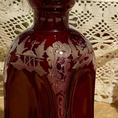 Set of Vintage Cut to Clear Engraved Crystal Decanter and Glasses