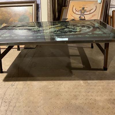 GORGEOUS Vintage Pheasant and Peacock Saki Table with Black Lacquer and Mother of Pearl Inlay