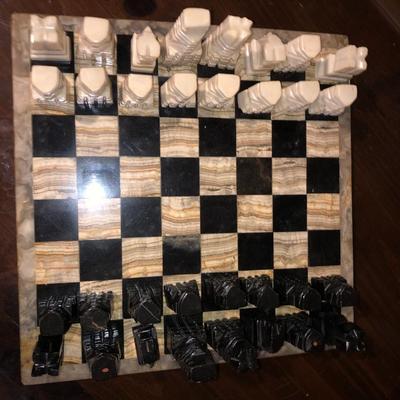 HEAVY Marble Chessboard with Marble Brutalist Chess Set