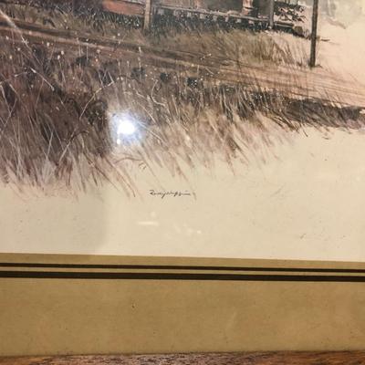 Framed Railroad Station Lithograph Print, signed Rubi Nappi