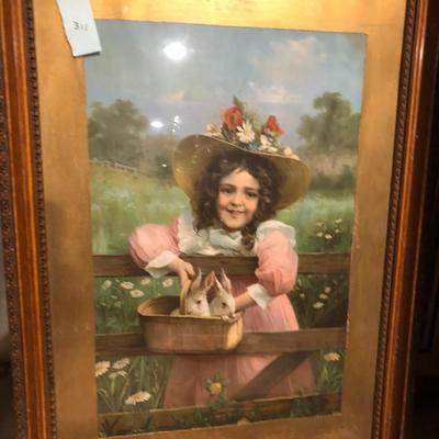 Framed Print on Wood of Victorian Style Countryside Child with Rabbits, Unsigned