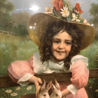 Framed Print on Wood of Victorian Style Countryside Child with Rabbits, Unsigned