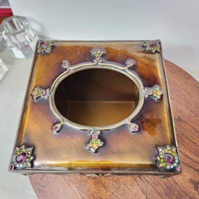 Jay Strongwater Swarovski Jewels Green & Brown Tissue Box
