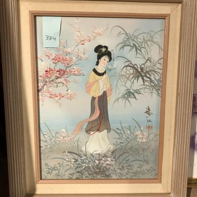 Framed Oil on Canvas Geisha Painting, Stamped/Signed