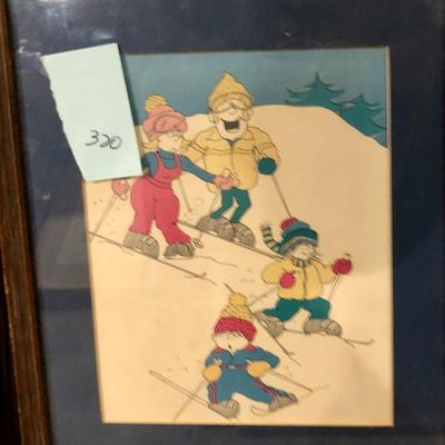 Framed Magazine Style Print of Skiing Family, Unsigned