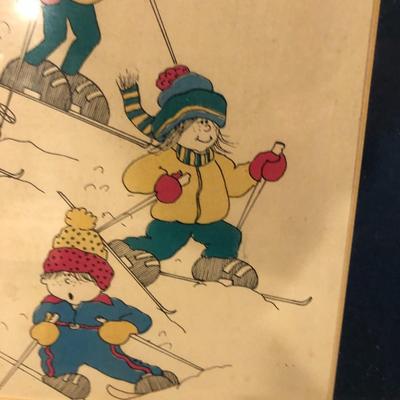 Framed Magazine Style Print of Skiing Family, Unsigned