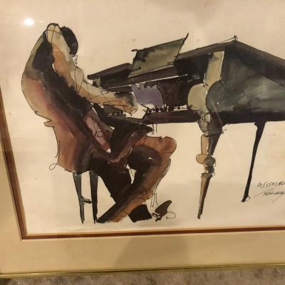 Framed Watercolor of Man and Piano, Signed and Dated
