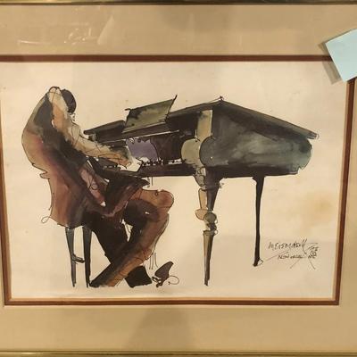 Framed Watercolor of Man and Piano, Signed and Dated