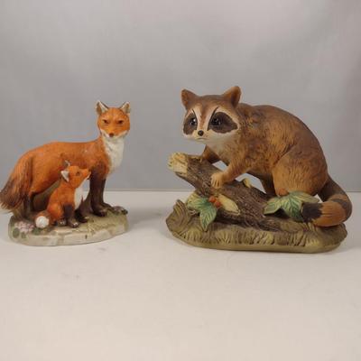 Two Hand Painted Homco Porcelain Figurines- Fox and Raccoon