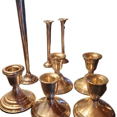 Sterling Silver weighted candlesticks and bud vases 