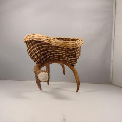 Unique, Hand Made Artisan Woven Basket with Deer Antler Base
