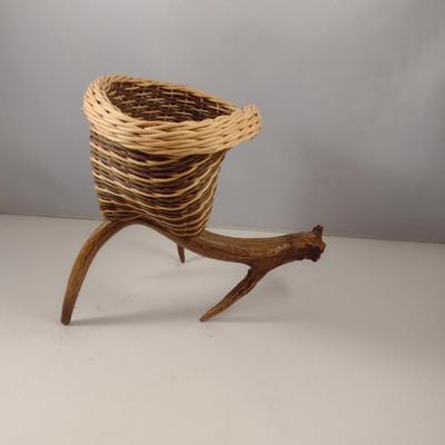 Unique, Hand Made Artisan Woven Basket with Deer Antler Base